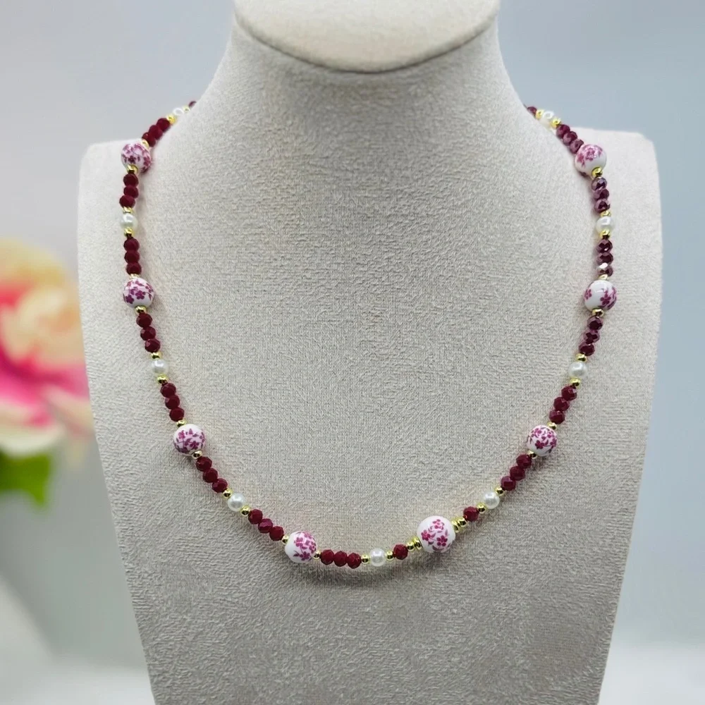 Ceramic Flower Beaded Necklace, Bohemian Style Necklace Pink